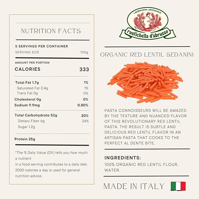 Rustichella d'Abruzzo Organic Red Lentil Sedanini Gluten-Free Pasta Made with 100% Flour Rich in Protein Perfect for Bold Sauces &amp Creative Dishes GMO-Free Vegan 250g 3-Pack