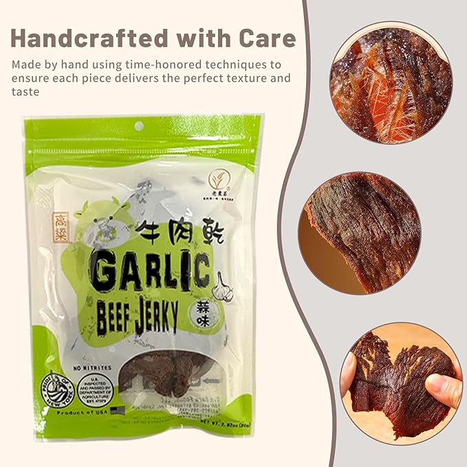 Old Cottage Beef Jerky - Authentic Taiwanese Recipe -Taiwanese Snacks - Dried Jerky Protein Snack | Beef Jerky Asian Snacks 2.82oz Pack of 3 Made in The USA (Pack of 3 Garlic)