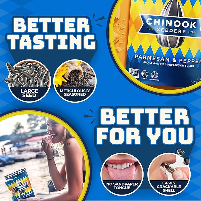 Chinook Seedery Sunflower Seeds to Eat — Jumbo Flavored Roasted Low Sodium Snacks — Keto Friendly Gluten-Free Non-GMO — Parmesan &amp Pepper Flavor 4 oz (12-Pack)