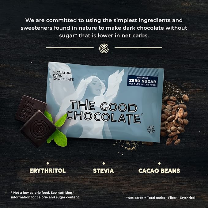 THE GOOD CHOCOLATE - Mini Signature Dark Chocolate Bars with Zero Sugar &amp Lower Net Carb - Keto Chocolate Bar Offers Lower Calorie Chocolate Candy - All Natural Non-GMO (Pack of 10)