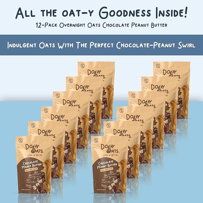 Dozy Oats Overnight Oatmeal Packets Chocolate Peanut Butter Multipack with Rolled Oats Chia Seeds and Date Powder. Gluten-Free Natural Source of Protein and Fiber 12-Pack