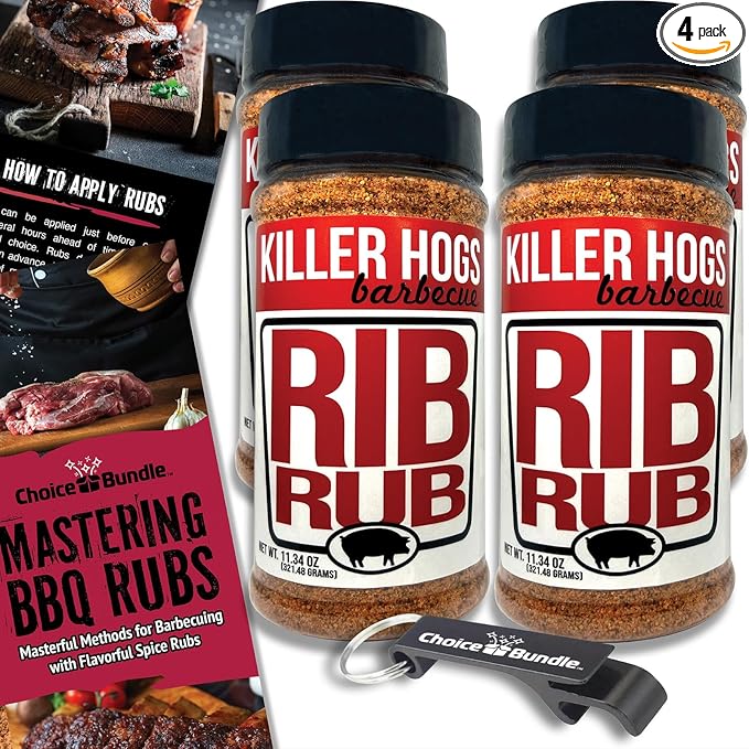 Killer Hogs Rib Rub Premium BBQ Barbecue Spice Seasoning 4 pk (45.36 oz) + Guide &amp Bottle Opener (6 Items)!