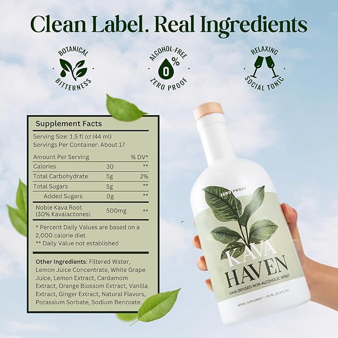 Kava Haven Non Alcoholic Spirit 750mL Bottle | Kava Kava Drink | Non Alcohol Alternative Spirit for Mixed Drink Recipes | Low Calorie | All Natural | - Lemon Ginger Flavor (17 Servings)