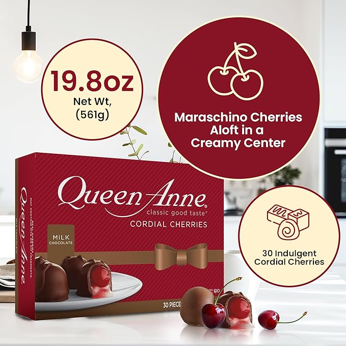 Queen Anne Milk Chocolate Covered Cordial Cherries | 19.8 oz | 30 Piece Gift Box | Whole Cherry Sweet Creamy Fruity Flavor