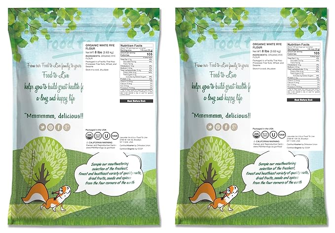 Food to Live Organic White Rye Flour 16 Pounds - Non-GMO Unbleached Light Medium Protein Vegan Kosher Finely Milled Berries Great for Baking Cookies Muffins Bread and Sourdough