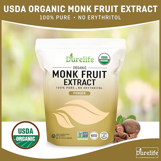 Durelife Organic 100% Pure Monk Fruit sweetener No Erythritol Monkfruit Extract Powder USDA organic NON-GMO Project Verified Keto Certified OU kosher No Fillers Zero Calorie Sugar Substitute 5 OZ