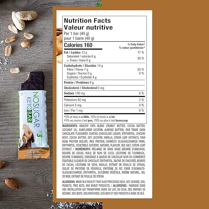 No Sugar Keto Bar Snack - Low Carb No Sugar Keto Snack Food with Keto Friendly Macros (24 x 1.41oz Bars Peanut Butter)