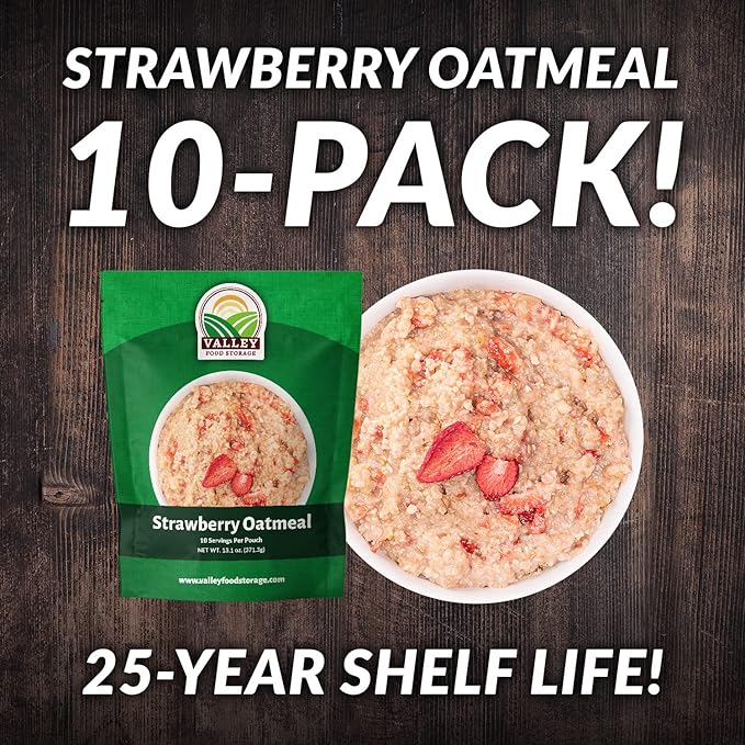 Valley Food Storage Freeze Dried Strawberry Oatmeal | 10-Bag Bucket 100 Servings | Premium Emergency Food Supply with 25 Year Shelf Life | Non-GMO Freeze Dried Breakfast &amp Prepper Food