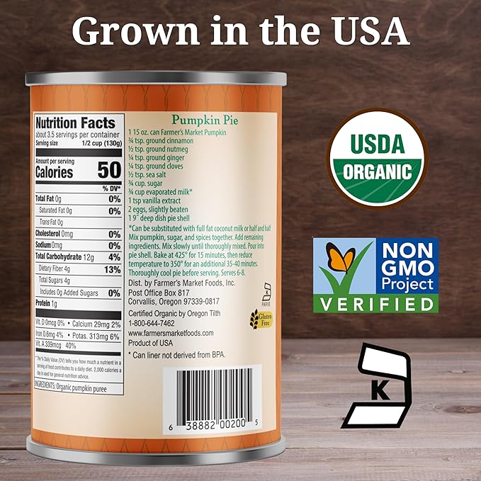 Farmer's Market Foods Canned Organic Pumpkin Puree 15 Ounce (Pack of 12)