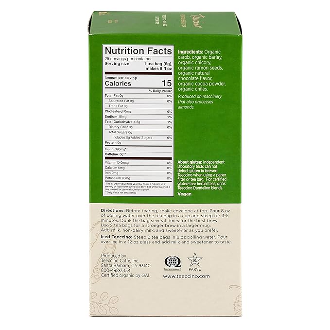 Teeccino Chocolaté Herbal Tea - Rich &amp Roasted Herbal Tea That’s Caffeine Free &amp Prebiotic for Natural Energy 25 Tea Bags (Pack of 3)
