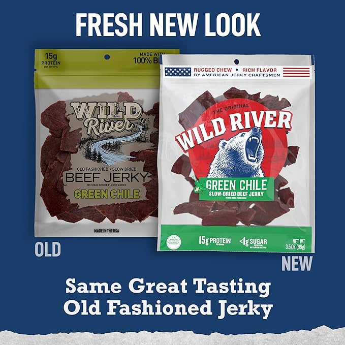 Wild River Green Chile Beef Jerky Old Fashioned 100% Beef Jerky Gluten Free Deliciously Seasoned Protein Snacks Savory Meat Snack for Lunches Ready to Eat 15g of Protein 3.5 Ounce (Pack of 4)