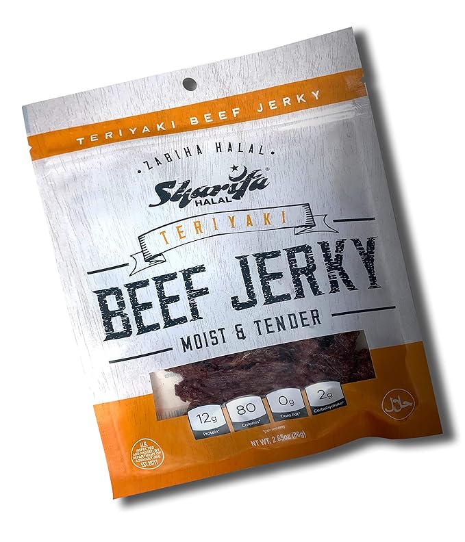 Sharifa Halal Beef Jerky Teriyaki (5 Pack) Each Bag 2.85 oz – Great Everyday Halal Jerky Beef Meat Snack 100 % Real Zabiha Halal Beef 12g of Protein 80 Calories 0g Trans Fat &amp 2g of Carbohy