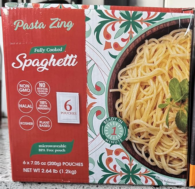 Fully Cooked Spaghetti Pasta Ready in 1 Minute Microwaveable BPA Free Pouch Non-GMO Halal Kosher Plant Based 7.05 oz 6 Pack