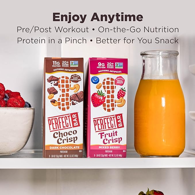 Perfect Bar Protein Bars Fruit Crisp Mixed Berry Nut Butter Gluten Free Made with Organic Honey Peanut Butter Cookie Dough Texture Refrigerated 1.9 Oz Bars 10 Count