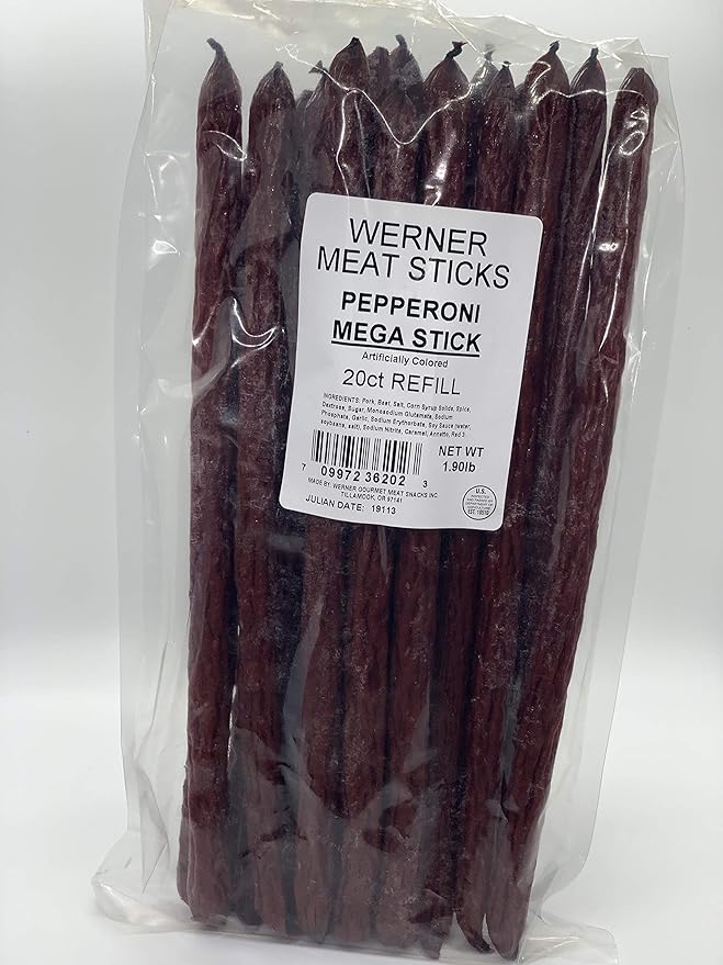 Werner Mega Pepperoni Meat Sticks - Bag of 20 Thick &amp Hearty Meat Sticks - Made in the USA