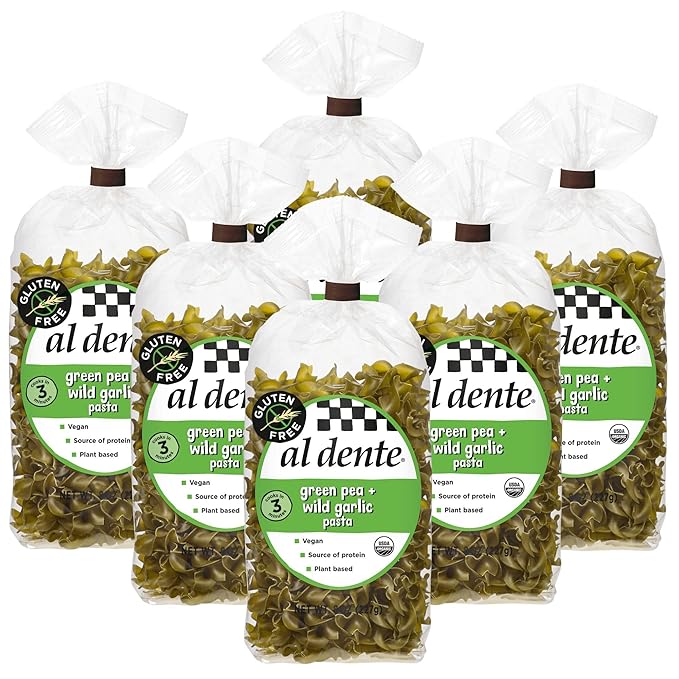 Al Dente Plant-Based Pasta Green Pea + Wild Garlic – Gluten-Free Vegan Non-GMO Organic High Protein Pasta. Delicious And Versatile. Great for Pastas Soups Salads and More 8oz Bags (Pack of 6)