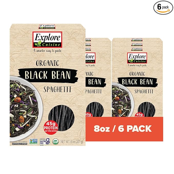 Explore Cuisine Organic Black Bean Spaghetti - Pack of 6 (8 oz) - Easy-to-Make Gluten Free Pasta - High in Plant Protein &amp Fiber - Vegan Keto Friendly Non-GMO - 24 Total Servings