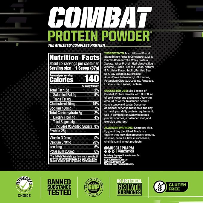 Muscle Pharm Combat 4lb Chocolate Milk Protein and Combat Chocolate Chip Cookie Dough Sport Bars