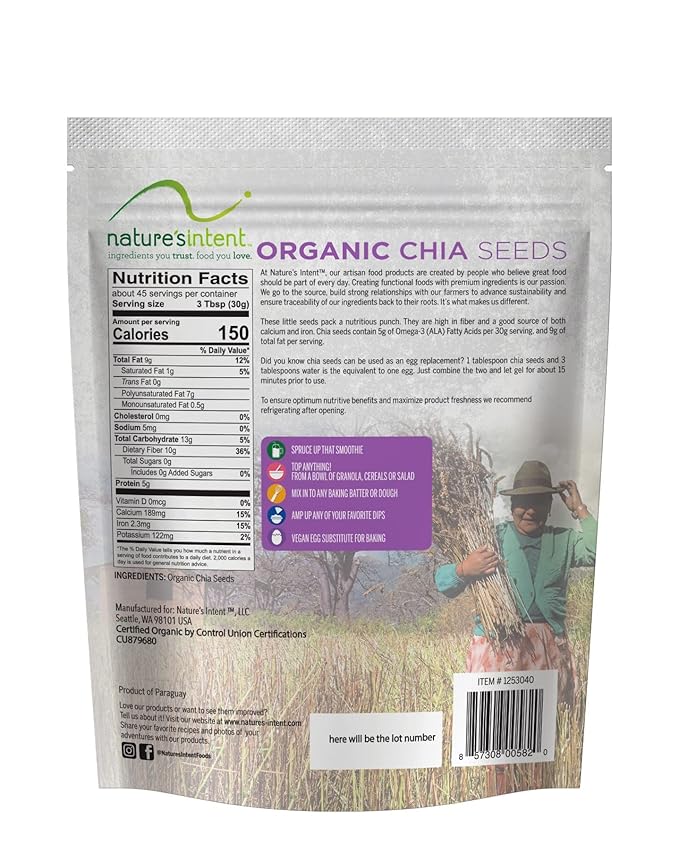 Nature's Intent Organic Chia Seeds - 3lb Bag - USDA Organic Non-GMO Vegan Gluten-Free Kosher Keto &amp Paleo - Good Source of Calcium Omega 3 and Iron - for Salads Yogurt &amp Smoothies