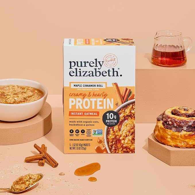 Purely Elizabeth Creamy &amp Hearty Protein Instant Oatmeal Maple Cinnamon Roll Vegan Friendly Organic Gluten Free &amp Non-GMO 5 Count 8.3 Ounce (Pack of 6)
