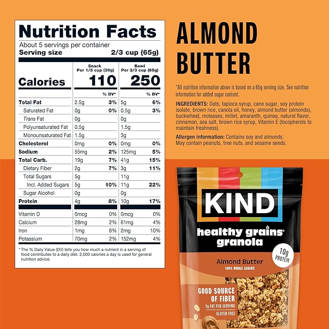 KIND Healthy Grains Clusters Almond Butter Granola 10g Protein Gluten Free 11 Ounce (Pack of 6)