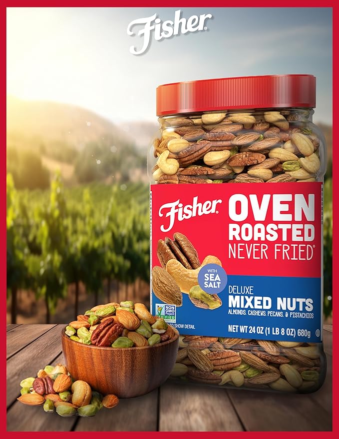 Fisher Oven Roasted Never Fried Deluxe Mixed Nuts 24 Ounces (Pack of 1) Almonds Cashews Pecans Pistachios Healthy Snacks for Adults Made With Sea Salt No Added Oil Trail Mix Gluten Free