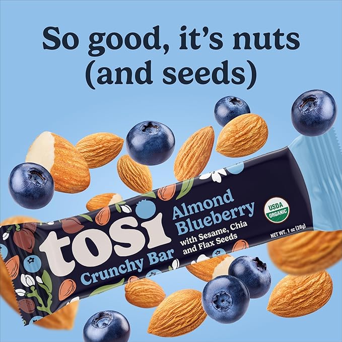 Tosi Nut Bars Almond Blueberry Healthy Snacks for Adults &amp Kids Plant Based Crunchy Bars (6G Protein) Organic Keto Snacks Vegan Gluten &amp Soy Free Low Sugar Omega 3s 1oz 12-Pack