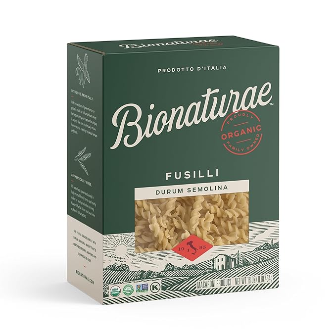 Bionaturae Fusilli Pasta Noodles - Durum Semolina Pasta Kosher High Protein Non-GMO Verified USDA Certified Durum Semolina Fusilli Fusilli Pasta Organic Crafted in Italy - 16 Oz 6 Pack