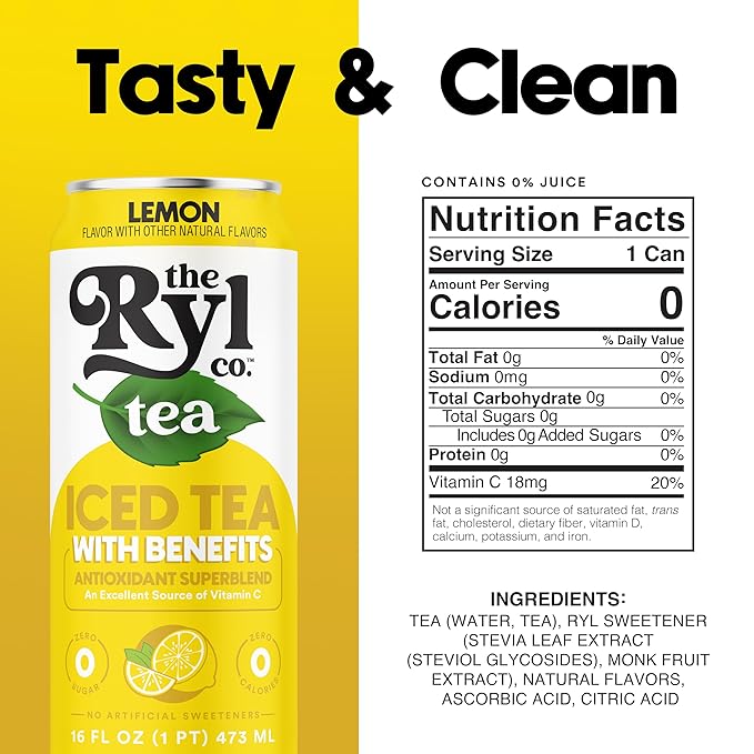 Ryl Iced Tea Lemon Antioxidant Superblend Zero Sugar Low Carb Zero Calorie Iced Tea 16.0 Fl Oz (12-Pack)