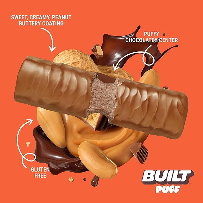 BUILT Bar Puff Protein Bars - Peanut Butter Cup - 17g Protein Snack Bars with Collagen - Calorie Conscious &amp Gluten Free - 12 Count