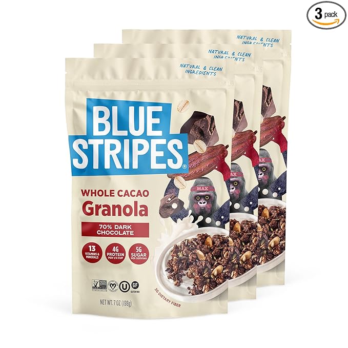 Blue Stripes Whole Cacao Granola - Gluten Free 70% Dark Chocolate Granola for Cereal Oatmeal Yogurt 5g Protein Per Serving Source of Fiber Vegan Low Sugar - Dark Chocolate 7 oz Bag (3 Pack)