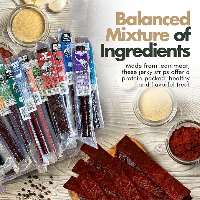 Buffalo Bob’s Wild Game Jerky (10-Pack) | Premium Exotic Meat Sampler Gift Pack | Includes Buffalo Elk Venison Ostrich Wild Boar Camel Alligator Jerky | Ideal for Trips Camping &amp Hiking