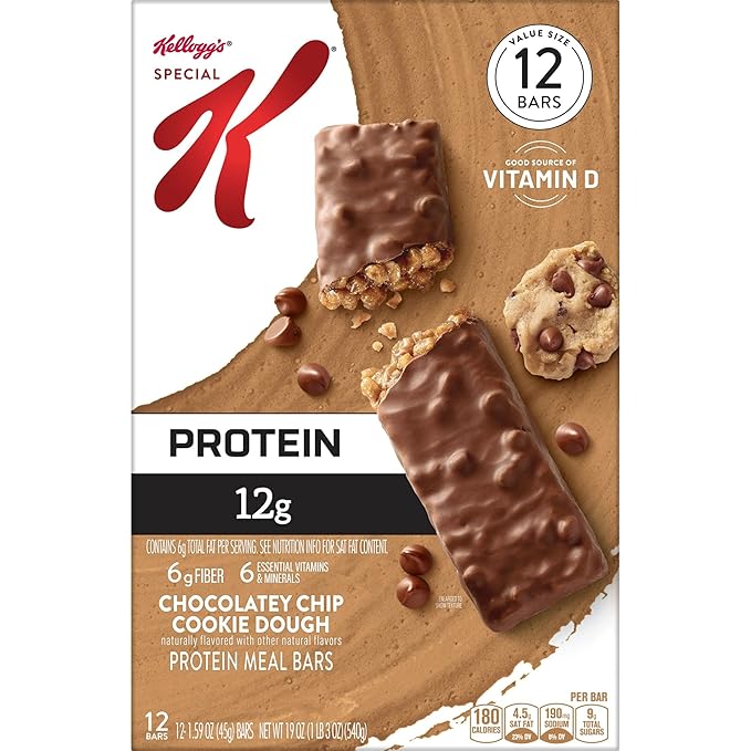 Kellogg's Special K Protein Meal Bars 12g Protein Snacks Meal Replacement Chocolatey Chip Cookie Dough 19oz Box (12 Bars) (Pack of 2)