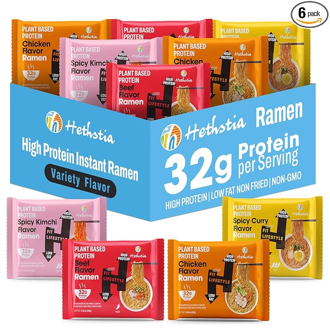 Hethstia High-Protein Ramen Variety Pack (Chicken Beef Spicy Kimchi Spicy Curry) 6-Pack Instant Ramen Noodle Soup 32g Plant-Based Protein Vegan Non-GMO Low Fat Pre-Packaged Quick Meal
