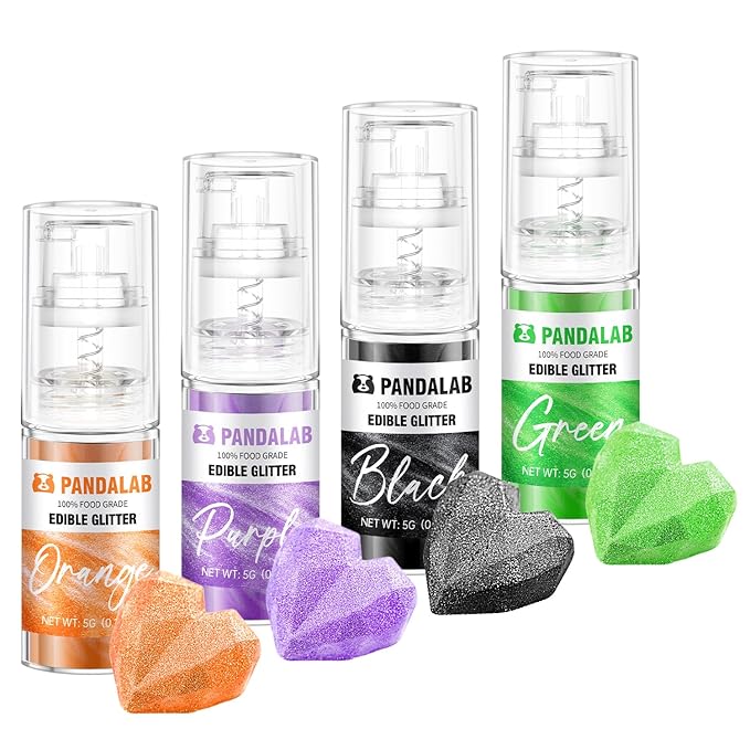 Edible Glitter Spray – Pandalab Food Grade Drink Shimmer Powder Luster Dust Spray for Cocktails Cakes Cupcakes Chocolate &amp Halloween Baking Orange Green Purple Black 5g / Bottle
