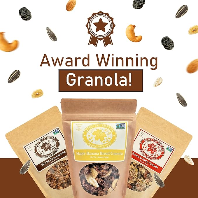 Maple Nut Kitchen Artisanal Granola Variety Pack - Maple Banana Bread Mocha Chip Sweet and Salty | 10 oz Each | Gluten-Free Vegan Delicious Breakfast Treats | 3-Pack