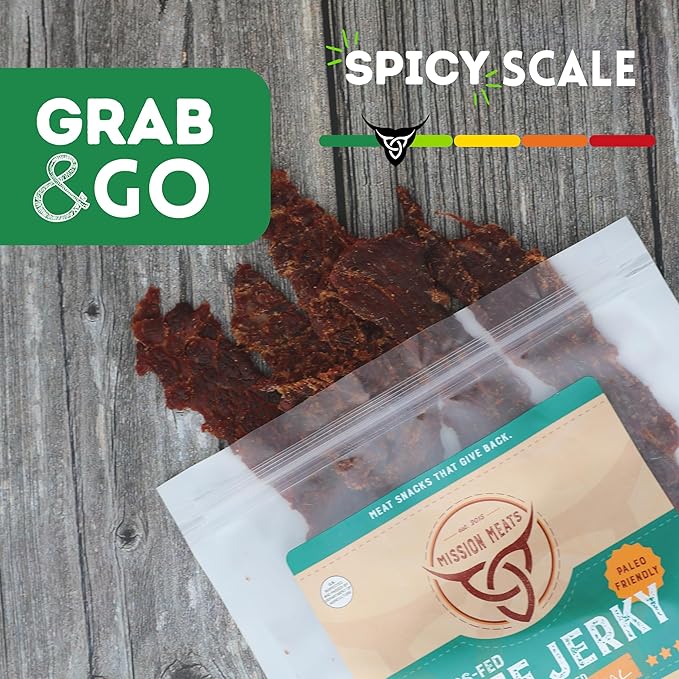 Mission Meats Beef Jerky Original 100% Grass Fed Beef 10g Protein per Serving Delicious &amp Tender – Paleo Keto Carnivore &amp Whole 30 Friendly 2oz Bags (Pack of 3)