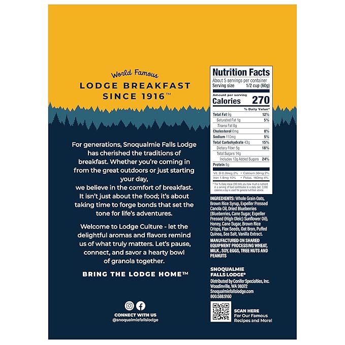Snoqualmie Falls Lodge Blueberry Granola Made with Real Honey Whole Grain Oats &amp Ancient Grains 11 Oz (Pack of 2)