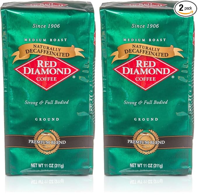 Red Diamond Ground Coffee Decaffeinated Medium Roast 100% Arabica Premium Beans Strong &amp Full-Bodied Flavor 11 Ounce Resealable Bag (Pack of 2)