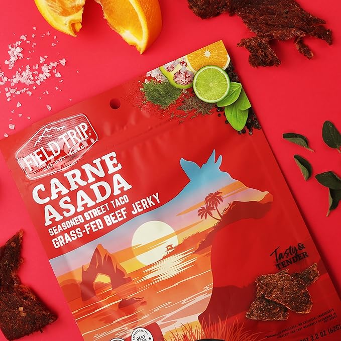 Field Trip Grass Fed Beef Jerky Healthy Gluten Free Snacks All Natural Paleo-Friendly Beef Jerky High Protein Low Carb Snack with No Nitrates 1oz Bag 12 Pack Carne Asada