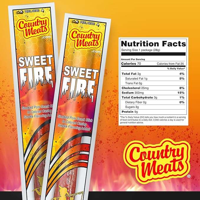 Country Meats Meat Sticks 0 Trans Fat USDA Certified Good Source of Protein Carb Conscious Snack (24 Meat Sticks Sweet Fire)