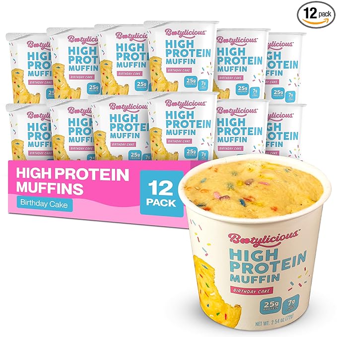 Bootylicious | 25g Protein Muffin | Birthday Cake | Low Carb 16g Fiber Low Glycimic Index Low Sugar 2.54oz Cup 12-Pack