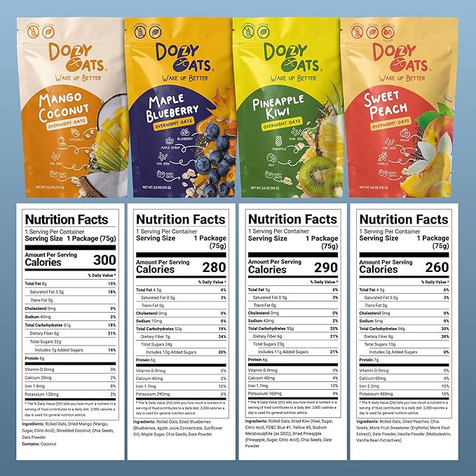 Dozy Oats Overnight Oatmeal Packets Fruity Faves Variety Box with Rolled Oats Chia Seeds Date Powder and Dried Fruit. Gluten-Free Natural Source of Protein and Fiber 12-Pack