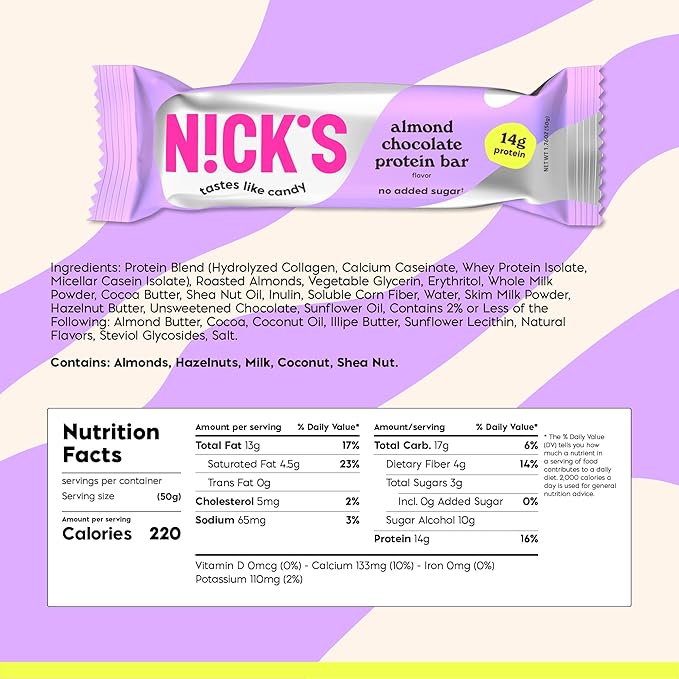 NICKS Protein Bars Variety Pack Protein-Packed Snack Low Calories Low Carb Keto Friendly Snacks No Added Sugar Salty Peanut Chocolate Caramel and Almond Chocolate (12 Pack)