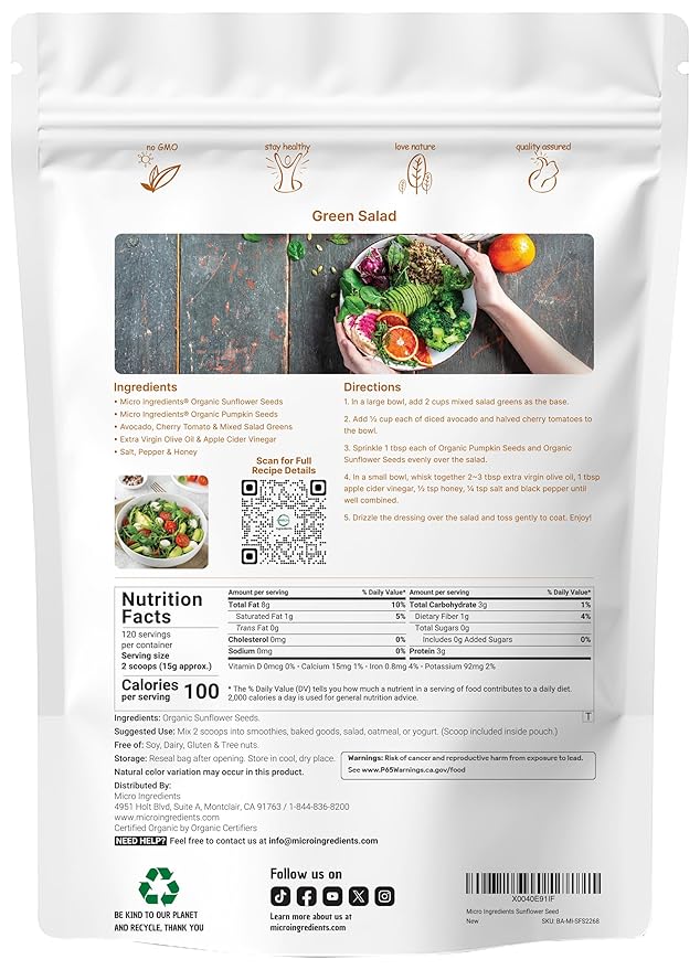 Organic Sunflower Seeds 4lbs | Raw Unsalted &amp Shelled – Whole Kernels | Low Carb Snack | Great for Baking Smoothies &amp Salad Toppings | Non-GMO Vegan Plant Based