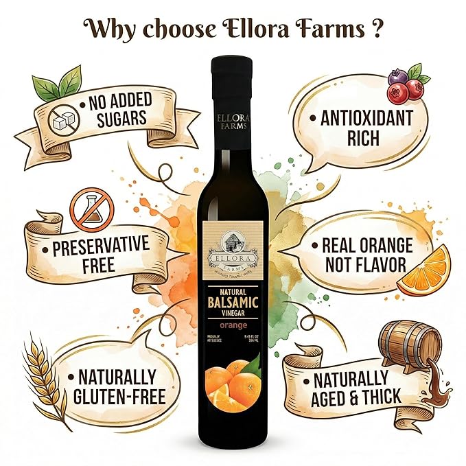 Ellora Farms Orange Balsamic Vinegar Real Fruit Infused Thick Barrel Aged No-added sugars No-preservatives Glass bottle 8.5 oz (Orange)