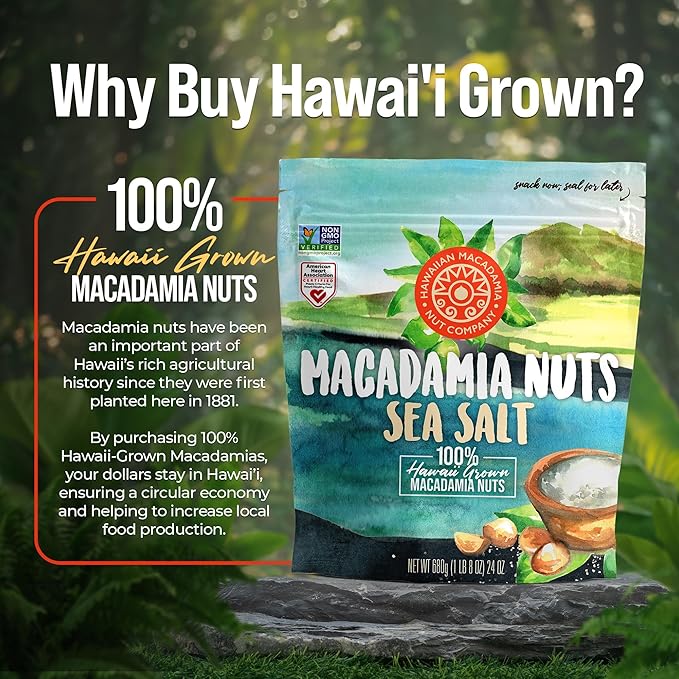 Hawaiian Macadamia Nut Company Dry Roasted Macadamia Nuts with Sea Salt 24 Oz (Pack of 2 Total 48-Ounce) Source of Fiber Gluten-Free and Certified Non-GMO Premium Quality Crunchy and Delicious