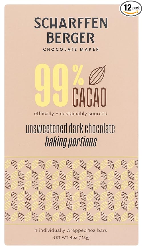 Scharffen Berger Unsweetened Dark Chocolate Baking Portions 99% Cacao Kosher Gluten Free &amp Non-GMO 4 Ounce (Pack of 12)