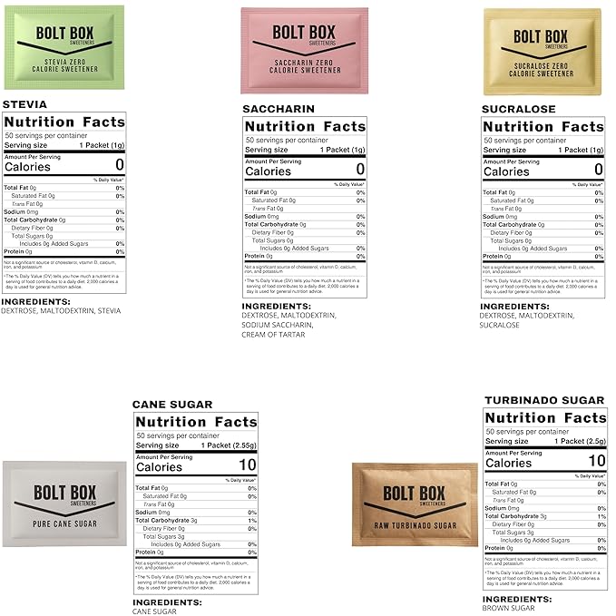 (300 total 50 each) Bolt Box Sugar &amp Sugar Substitute Packets Assorted Variety Pack (Turbinado Cane Pink Saccharin Yellow Sucralose Green Stevia Stir Straws)