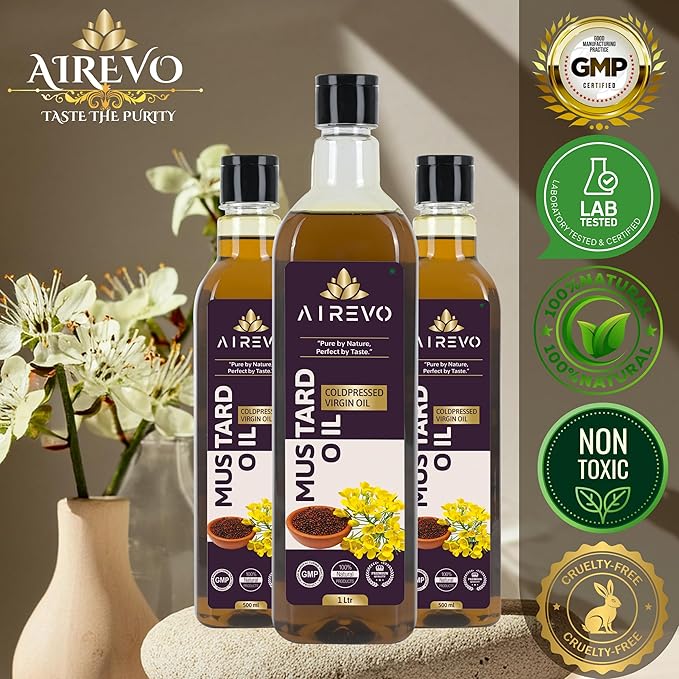 AIREVO Unrefined Wood Pressed Black Mustard Oil – Kolhu/Kacchi Ghani/Chekku/Marachekku Cold Pressed – Pure &amp Chemical-Free – Kachi Ghani Sarso Tel – Rich In Nutrients – (1000ML)